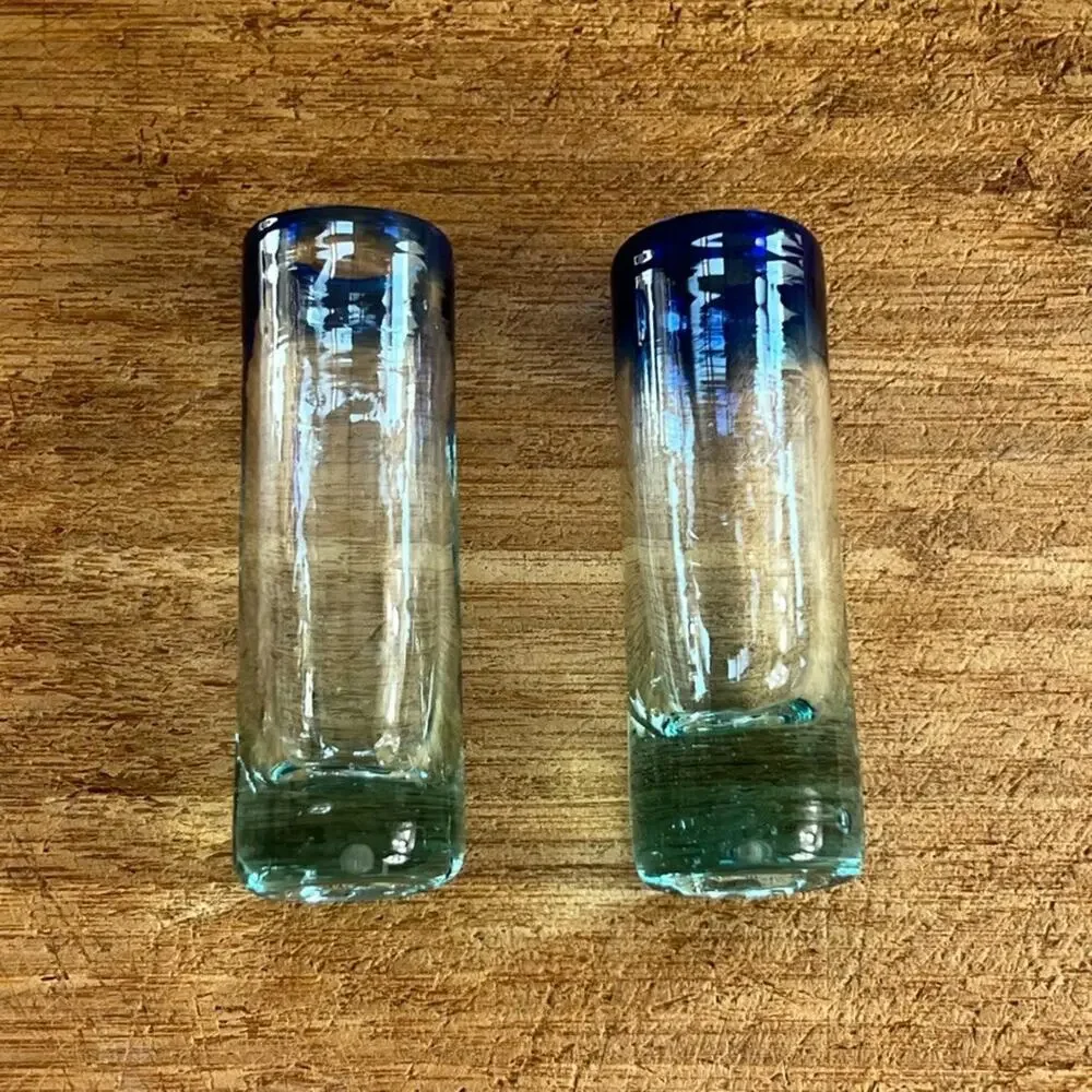 Glass Blown Shot Glasses Cobalt Blue Rim Thick Glass Set of 3 holds 2 ozs